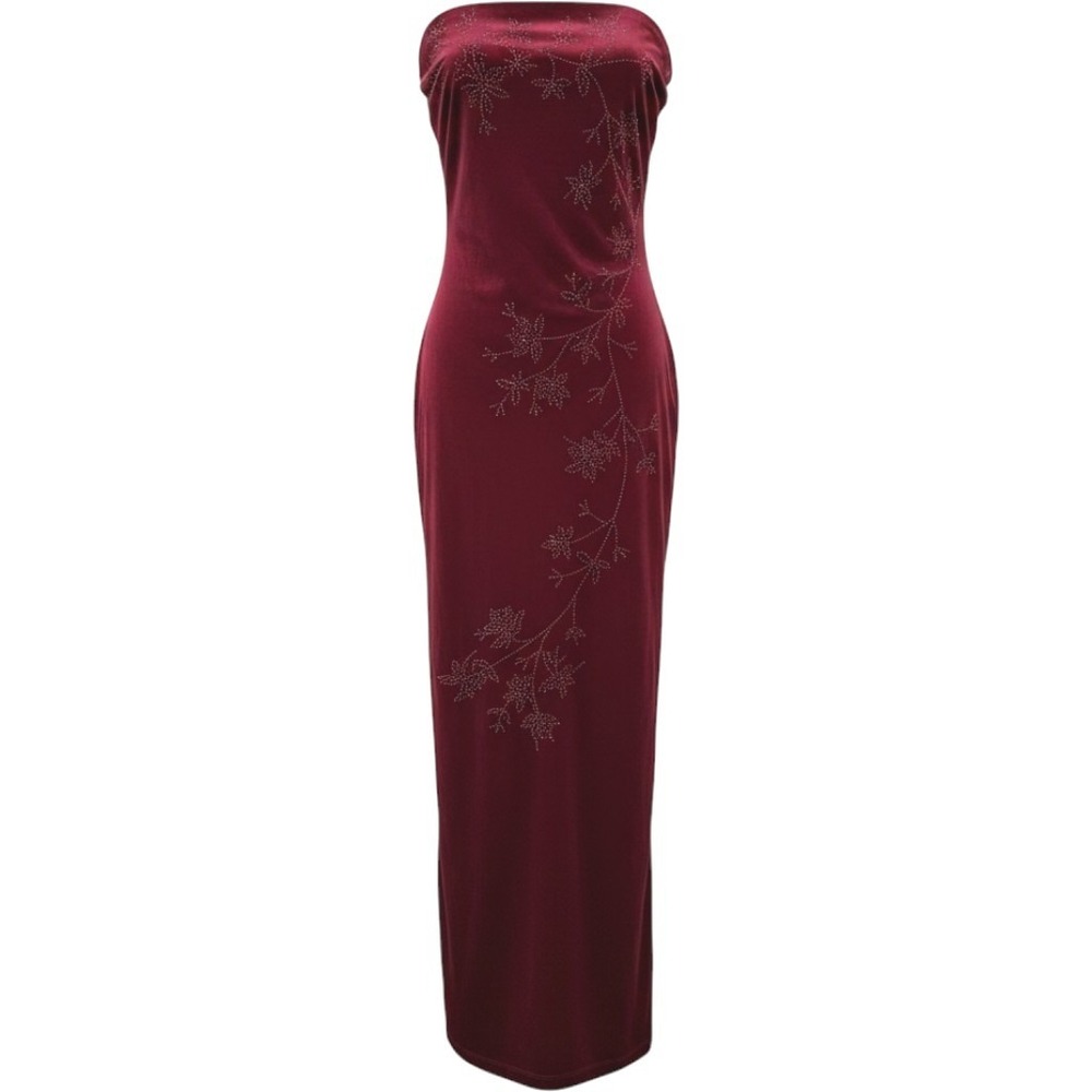 City Triangles Velvet Strapless Dress Women M Burgundy Beaded Slit Vintage Y2K